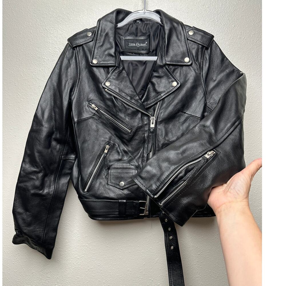 Carrie Hoxton Black Leather Moto Biker Jacket Women’s 14 Belted Zip - Picture 2 of 15